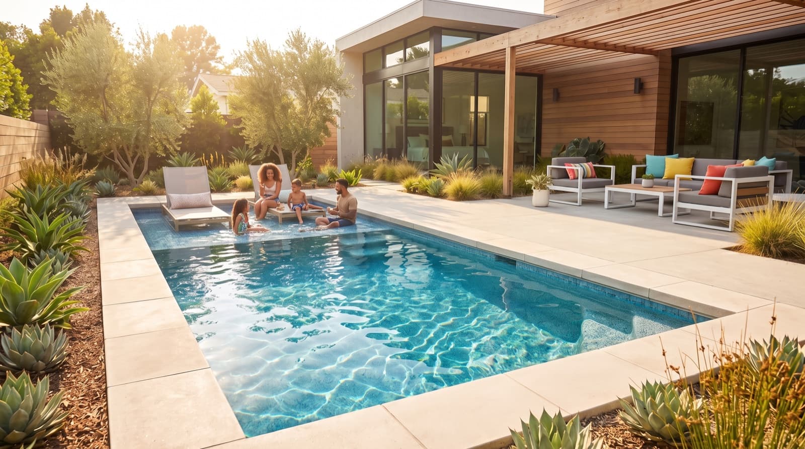 A NEXA family pool at golden hour in a Southern California backyard