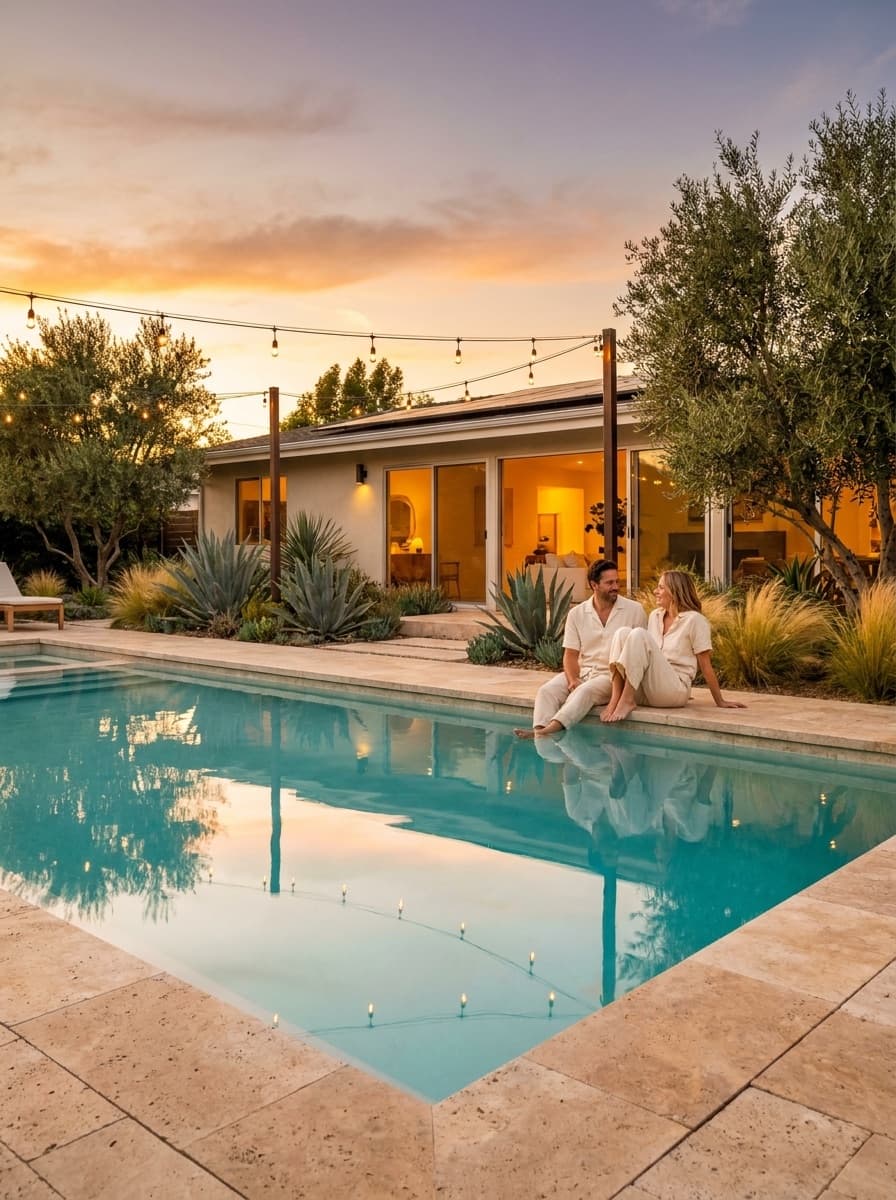 A couple relaxing beside a luxury NEXA inground pool at golden hour in a Southern California backyard