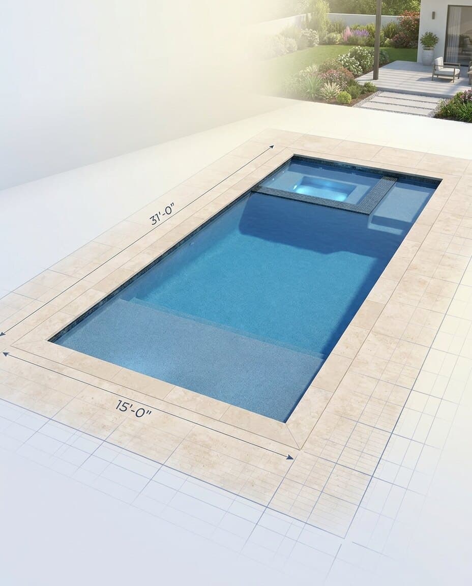 3D design render of a NEXA luxury inground pool with Baja shelf and spa
