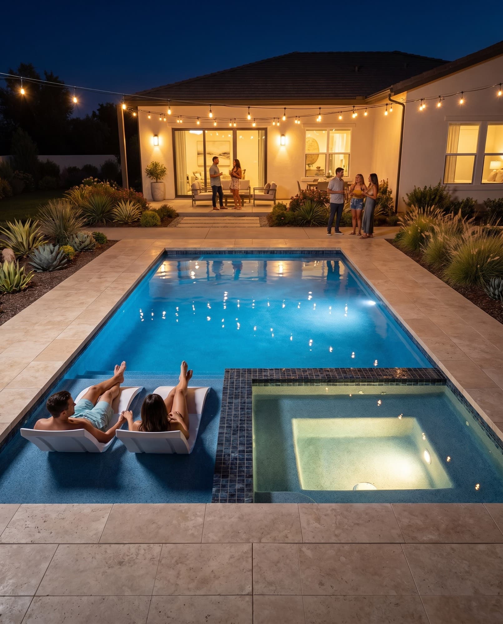 Adults entertaining beside a glowing NEXA pool with a flush end spa and warm LED lighting at night